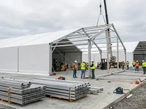 Workers using a crane to assemble a heavy-duty aluminum clear span tent frame.