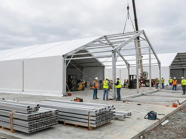 Workers using a crane to assemble a heavy-duty aluminum clear span tent frame.