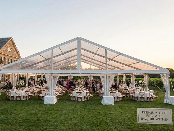 Clear roof clear span tent hosting a lawn reception, with a for sale sign in front.